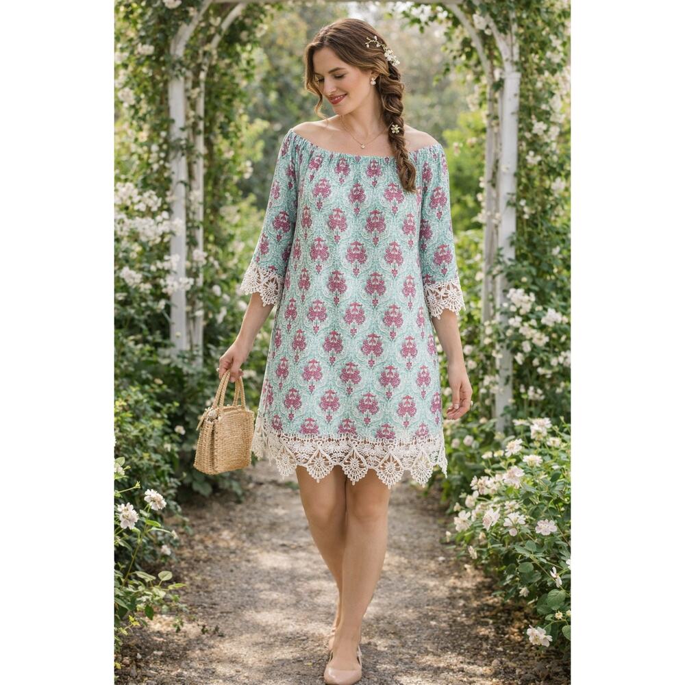 2B Together LA Boutique Tunic Dress Lace Hem Boho Easter Wedding L